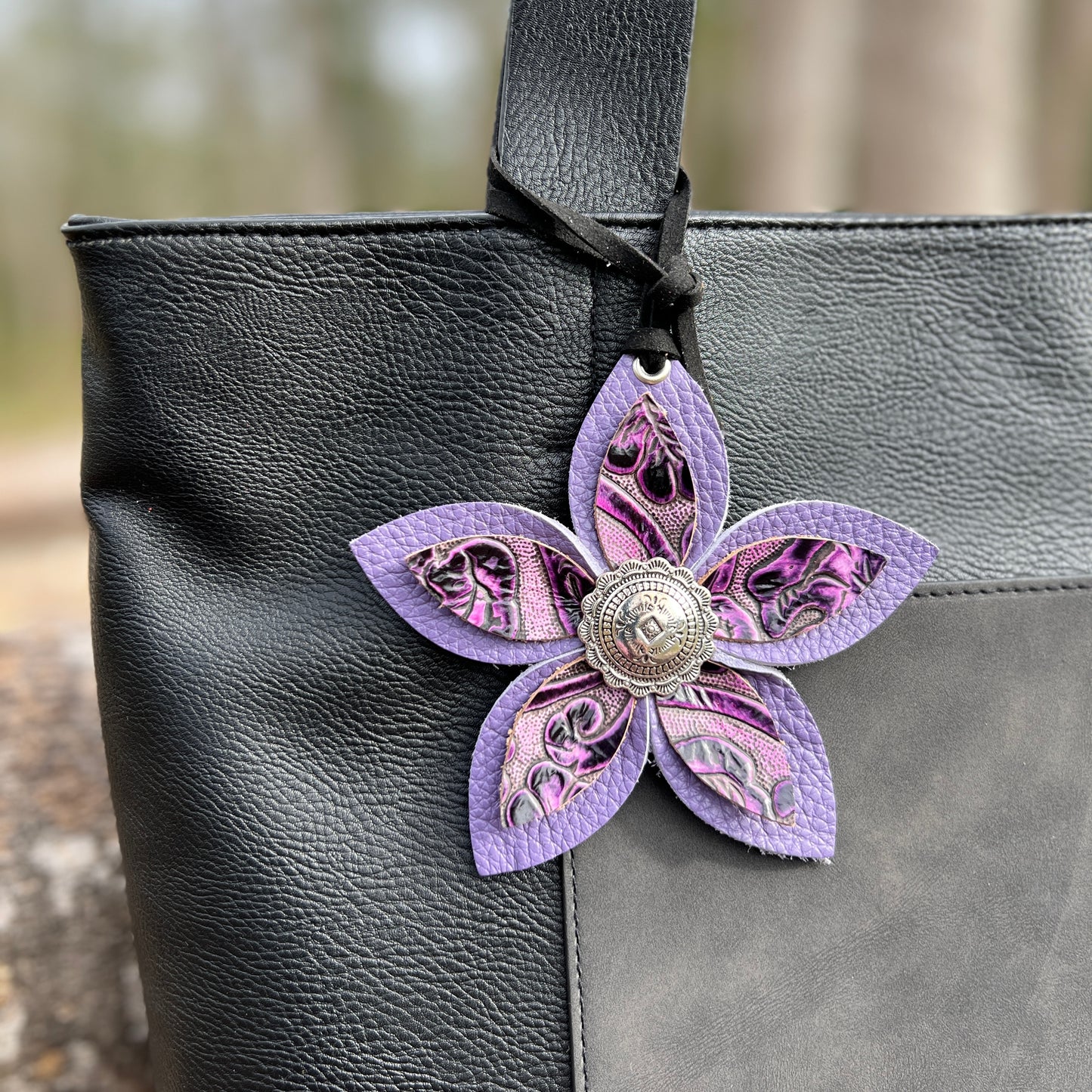 Leather Flower Bag Charm - Large Flower with Loop - Lavender Floral
