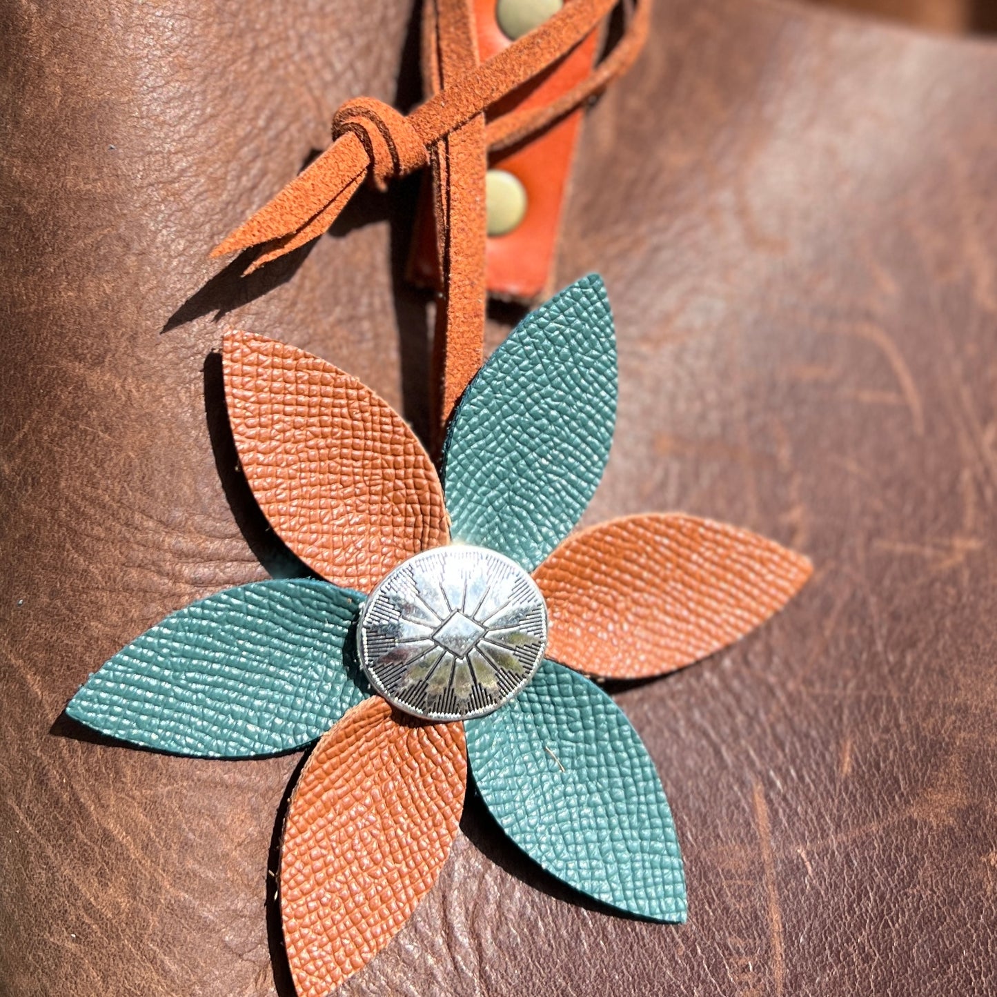 Leather Flower Bag Charm with Tote Loop in Teal and Brown