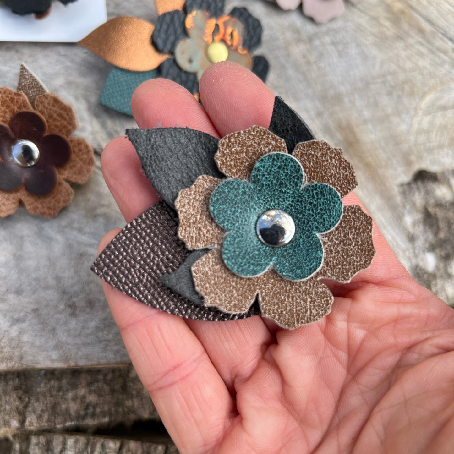 Small Leather Flower Pin Brooch - Neutral and Earthy