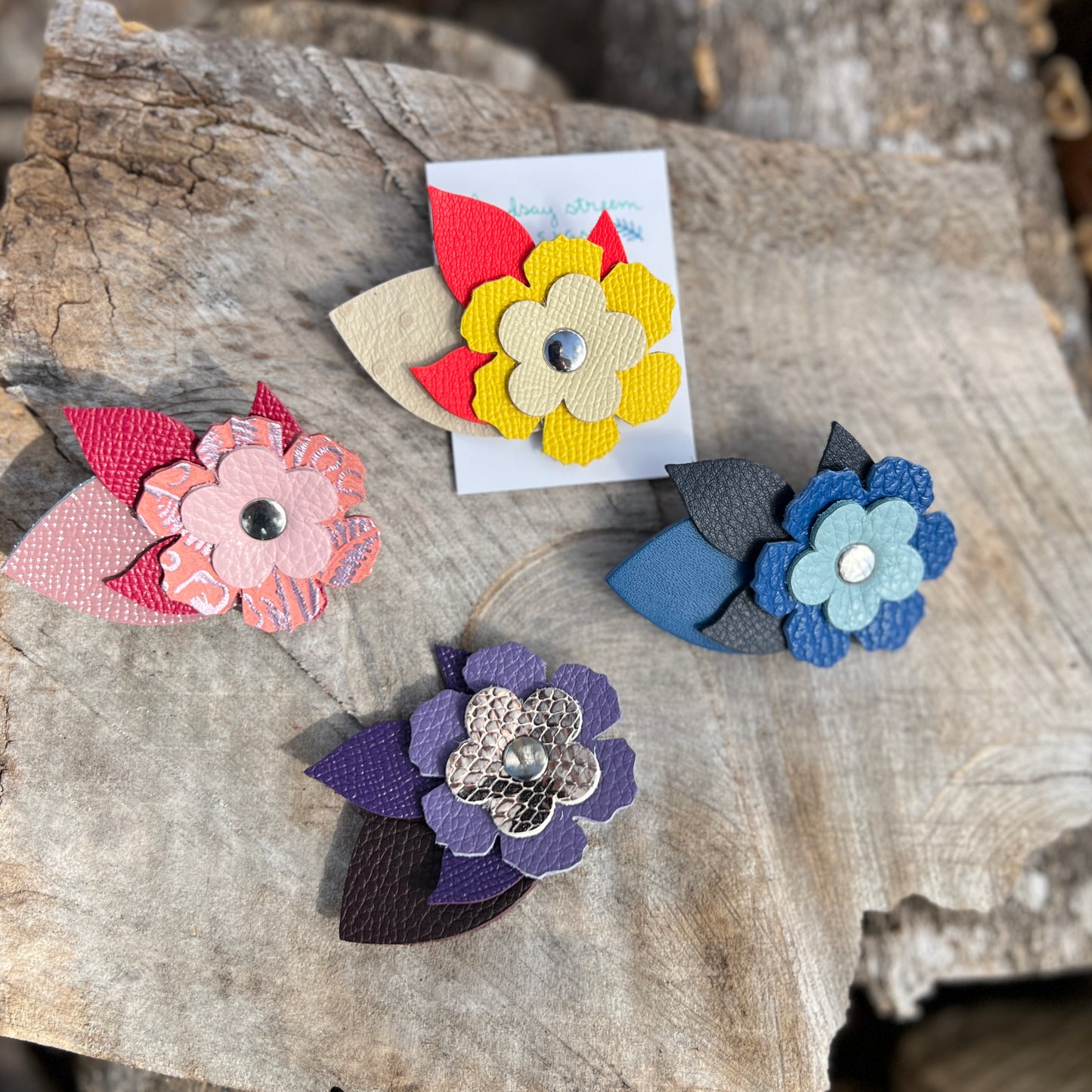 Small Leather Flower Pin Brooch - Bright and Colorful