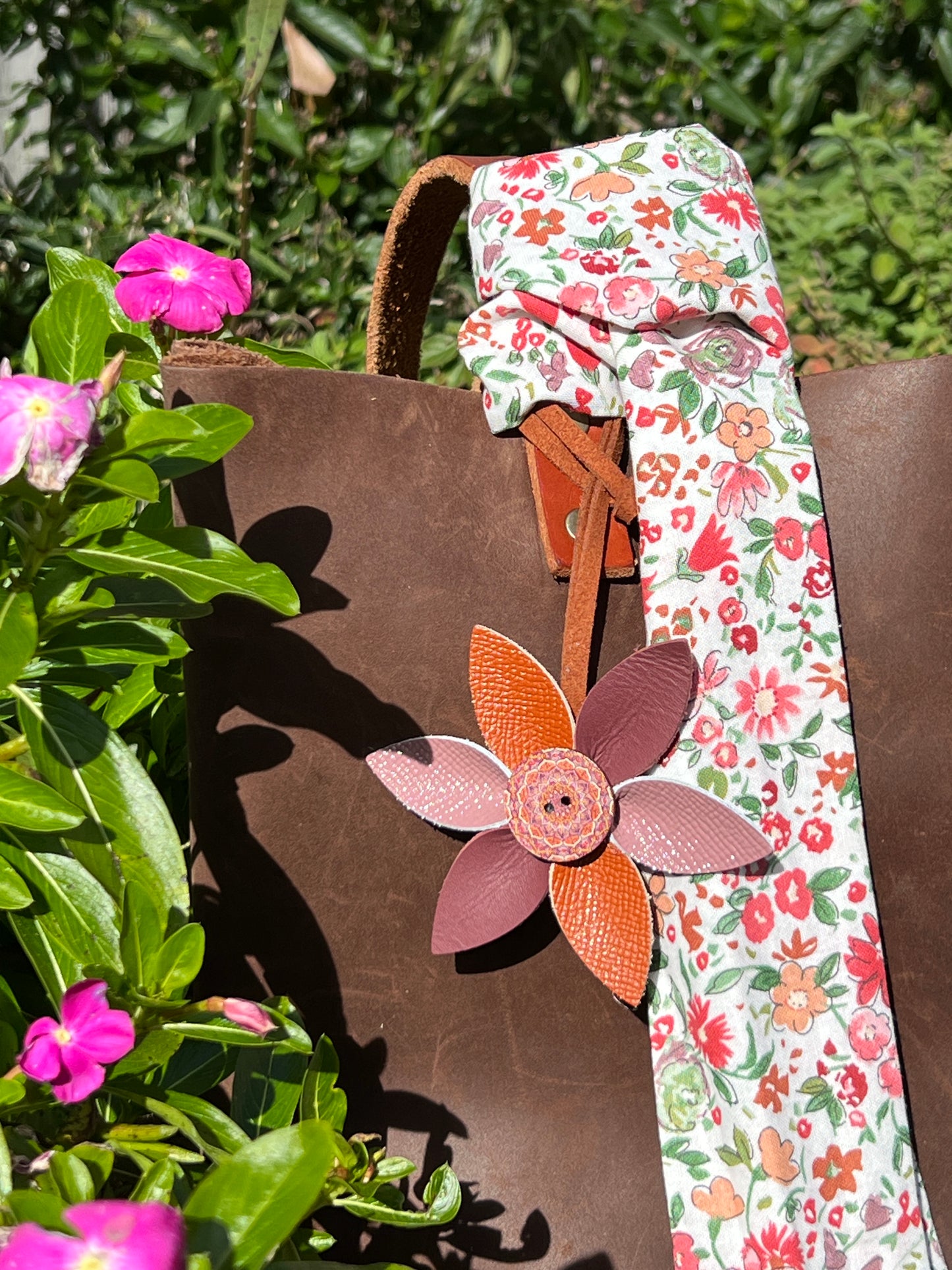 Leather Flower Bag Charm with Tote Loop in Spring Brights