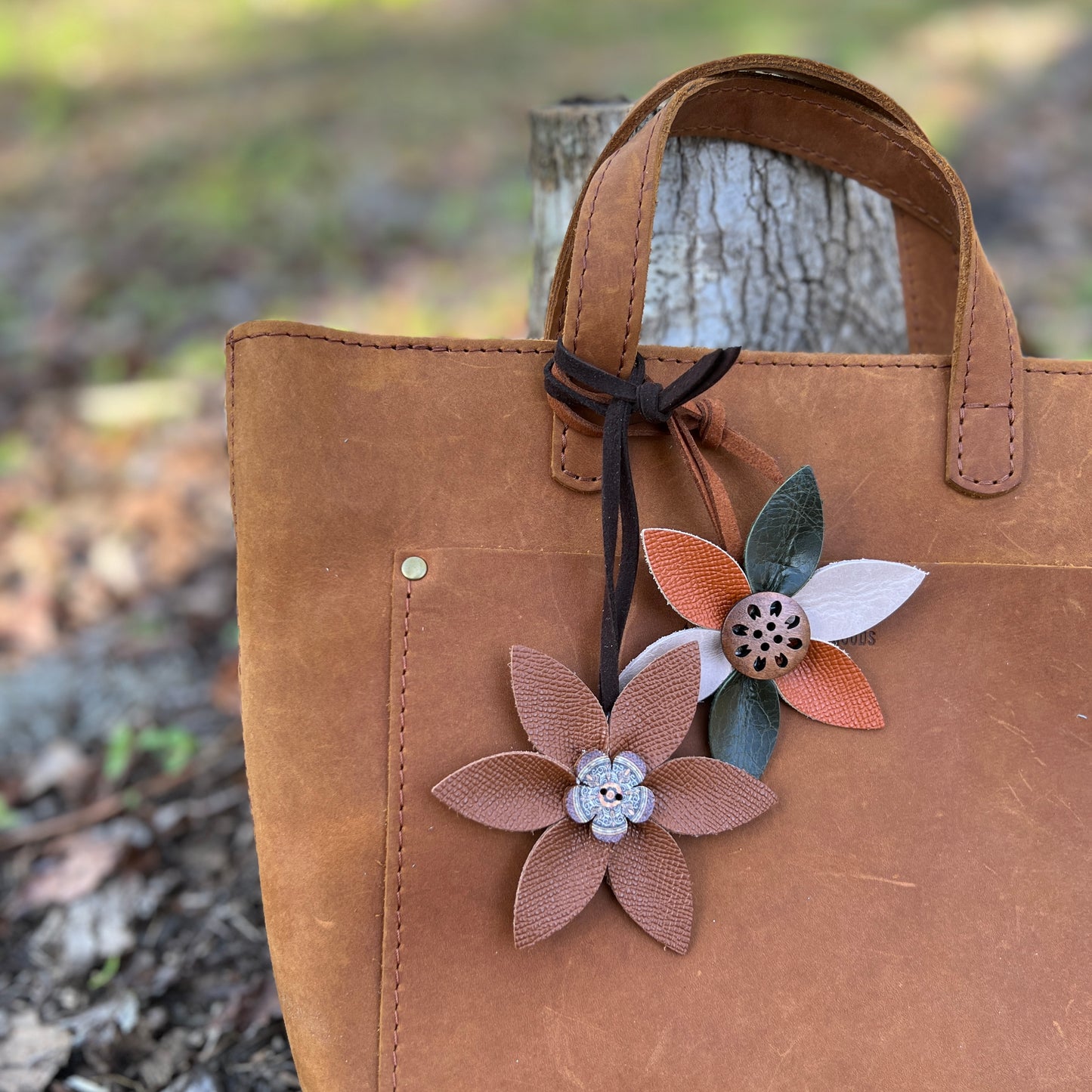 Leather Flower Bag Charm with Tote Loop in Spring Neutrals