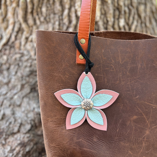 Leather Flower Bag Charm - Large Flower with Loop - Mint Blue and Blush Pink
