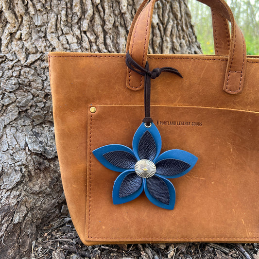 Leather Flower Bag Charm - Large Flower with Loop - Blue