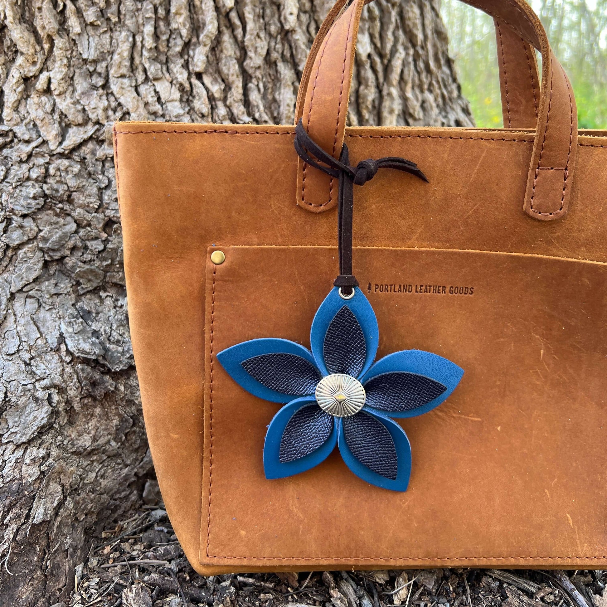 Leather Flower Bag Charm - Large Flower with Loop - BlueLeather purse charms are a great way to update your handbag, purse or tote. Each flower is crafted with leather petals securely sewn and glued together and accented with buttons in the center. Flower