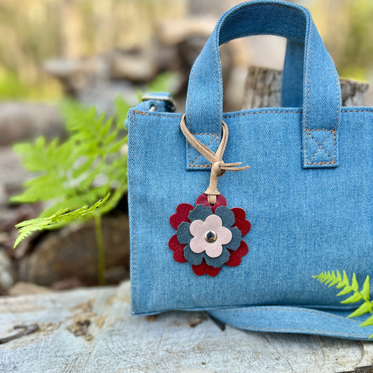 Small Leather Flower Purse Charm -  Red, Denim Blue and Tan