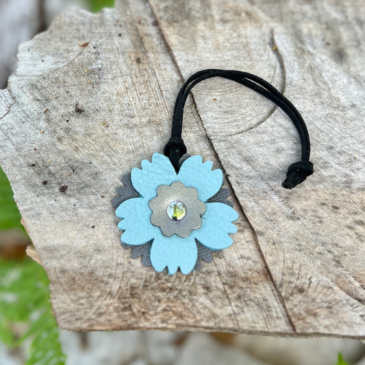 Small Leather Flower Purse Charm -  Minty Blue and Gray