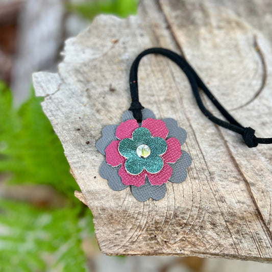 Small Leather Flower Purse Charm -  Gray and Pink
