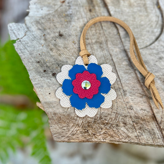 Small Leather Flower Purse Charm -  Rose Gold, Blue and Pink