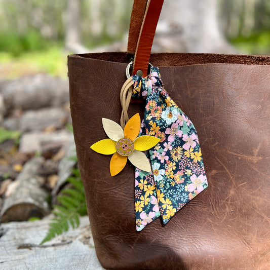 Leather Flower Bag Charm with Tote Loop in Yellow