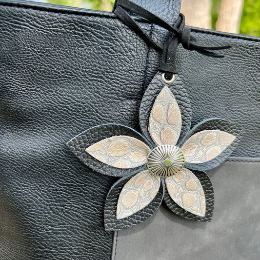 black and tan layered leather flower purse charm