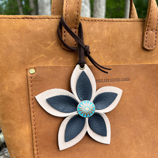 Leather Flower Bag Charm - Large Flower with Loop - Navy and Natural Tan