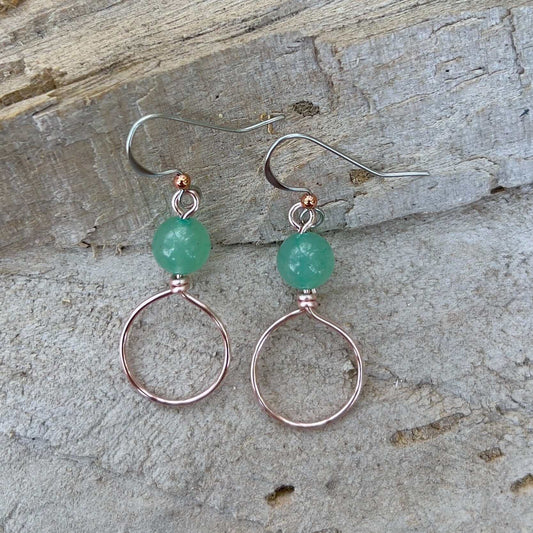 Dangle Hoop Earrings - Rose Gold with Green Aventurine