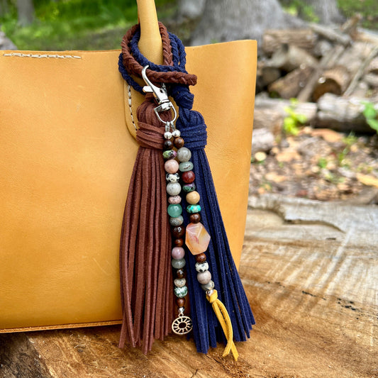 natural stone beaded purse charm shown on yellow purse with brown and navy tassels