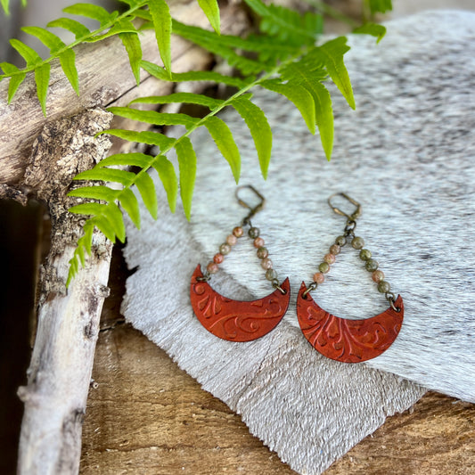 Cowgirl Chic Leather Crescent Earrings with Autumn Jasper
