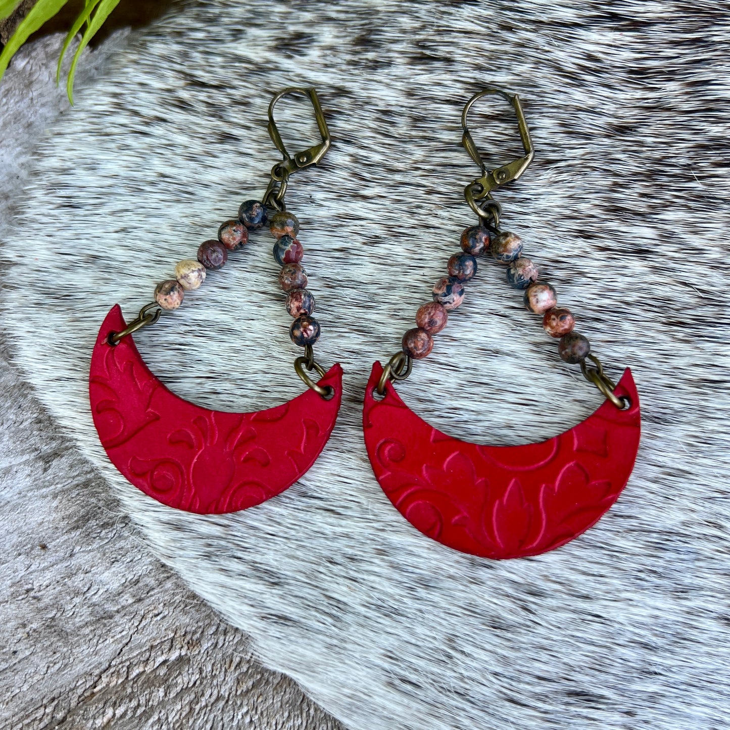 Cowgirl Chic Leather Crescent Earrings with Leopard Jasper