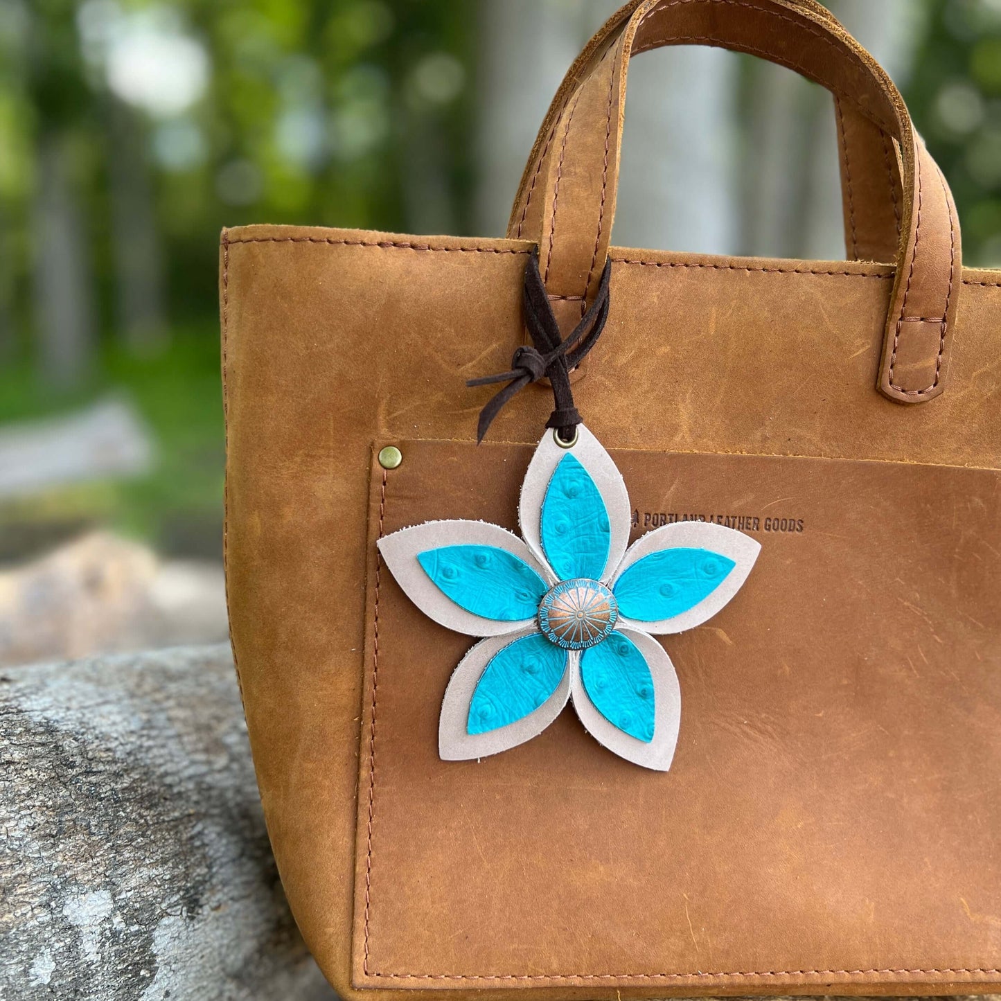 Leather Flower Bag Charm - Large Flower with Loop - Bright Turquoise and TanLeather purse charms are a great way to update your handbag, purse or tote. Each flower is crafted with leather petals securely sewn and glued together and accented with buttons i