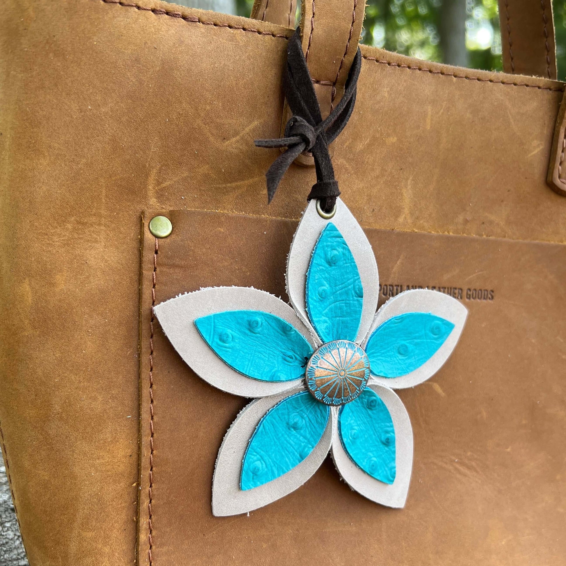 Leather Flower Bag Charm - Large Flower with Loop - Bright Turquoise and TanLeather purse charms are a great way to update your handbag, purse or tote. Each flower is crafted with leather petals securely sewn and glued together and accented with buttons i