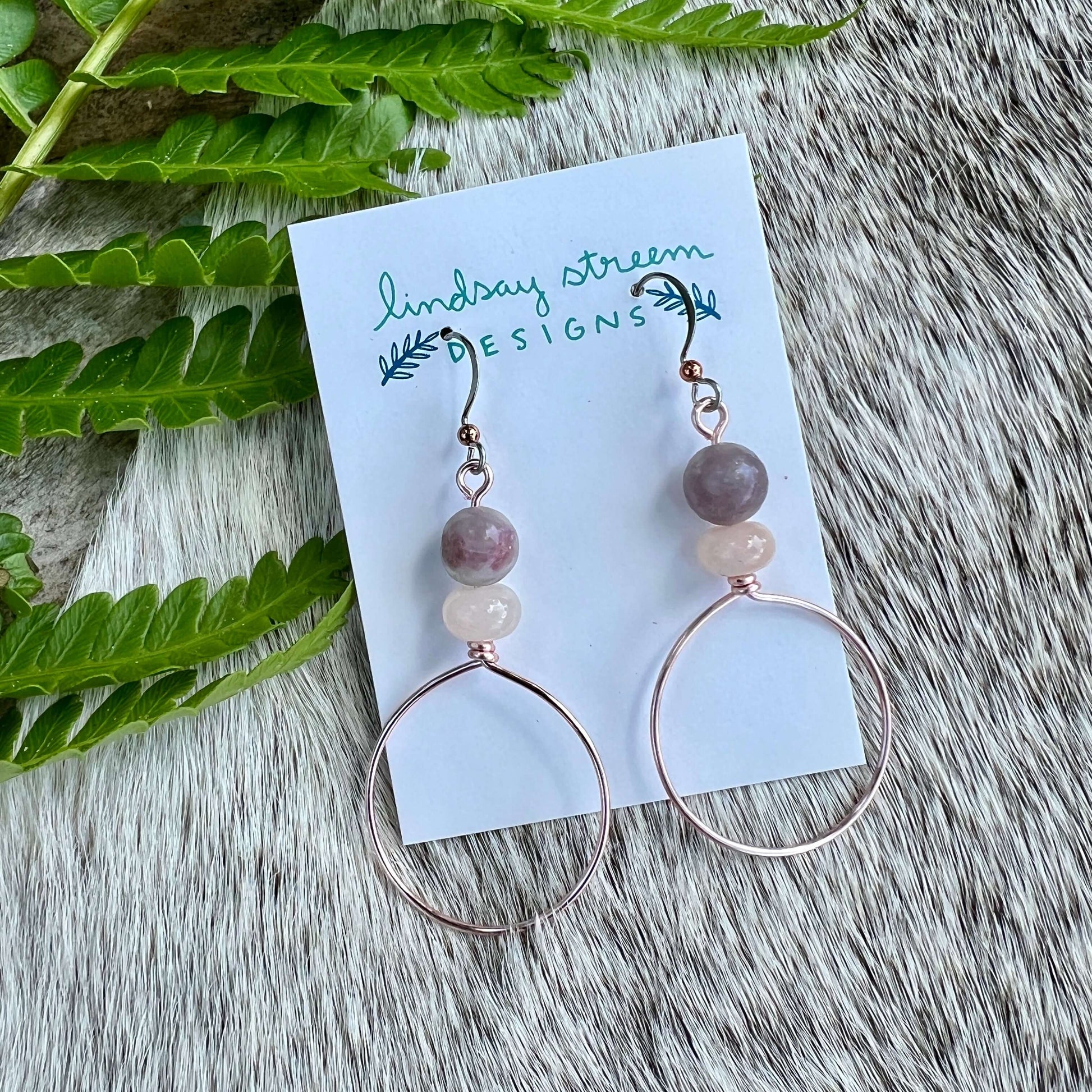 Festival Hoop Earrings - Rose Gold with Llilac Stone & Pink AventurineLight and airy hoop earrings are the perfect compliment to your festival style. Hand formed hoops are made with tarnish resistant enameled copper wire in rose gold and accented with a p