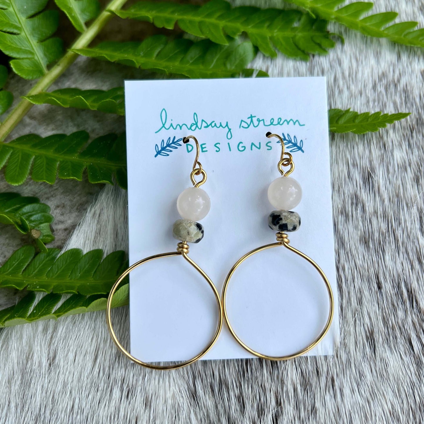 Festival Hoop Earrings - Golden with Pink Aventurine & JasperLight and airy hoop earrings are the perfect compliment to your festival style. Hand formed hoops are made with tarnish resistant enameled copper wire in golden and accented with a pair of natur