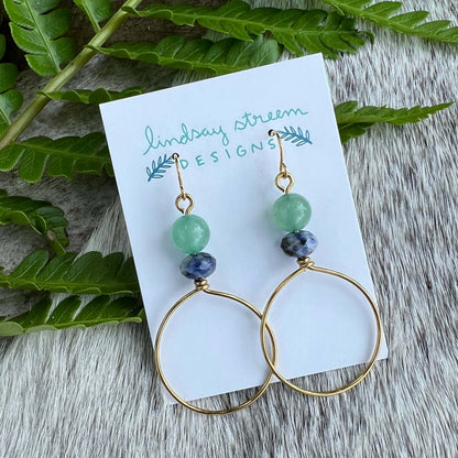 Festival Hoop Earrings - Golden with Blue Sky Jasper & Green Aventurine