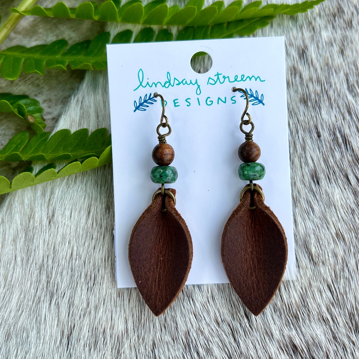 Western Style Leather Petal Dangle Earrings - Brown with Wood & Ruby Zoisite