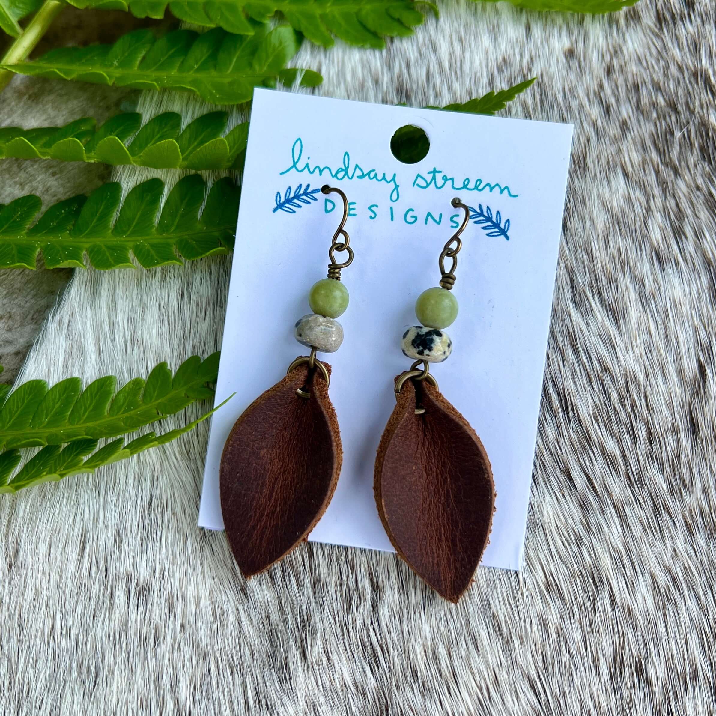 Western Style Leather Petal Dangle Earrings - Brown with Dalmatian & Green Jasper
