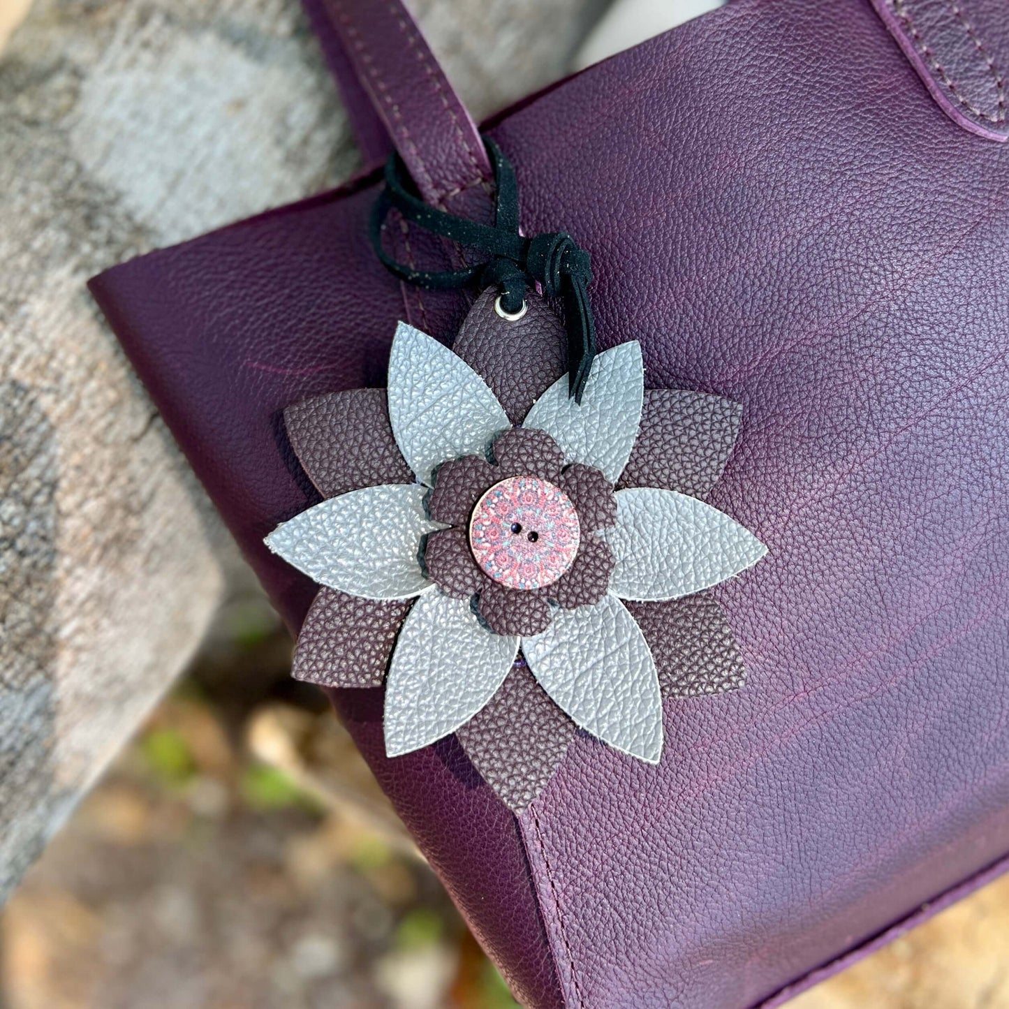 Leather Flower Purse Charms - Deluxe Flower in Gray and PurpleLimited edition leather purse charms will give any bag, handbag or tote an instant update. Each flower is hand crafted using quality genuine leather in a variety of colors and textures. Flowers