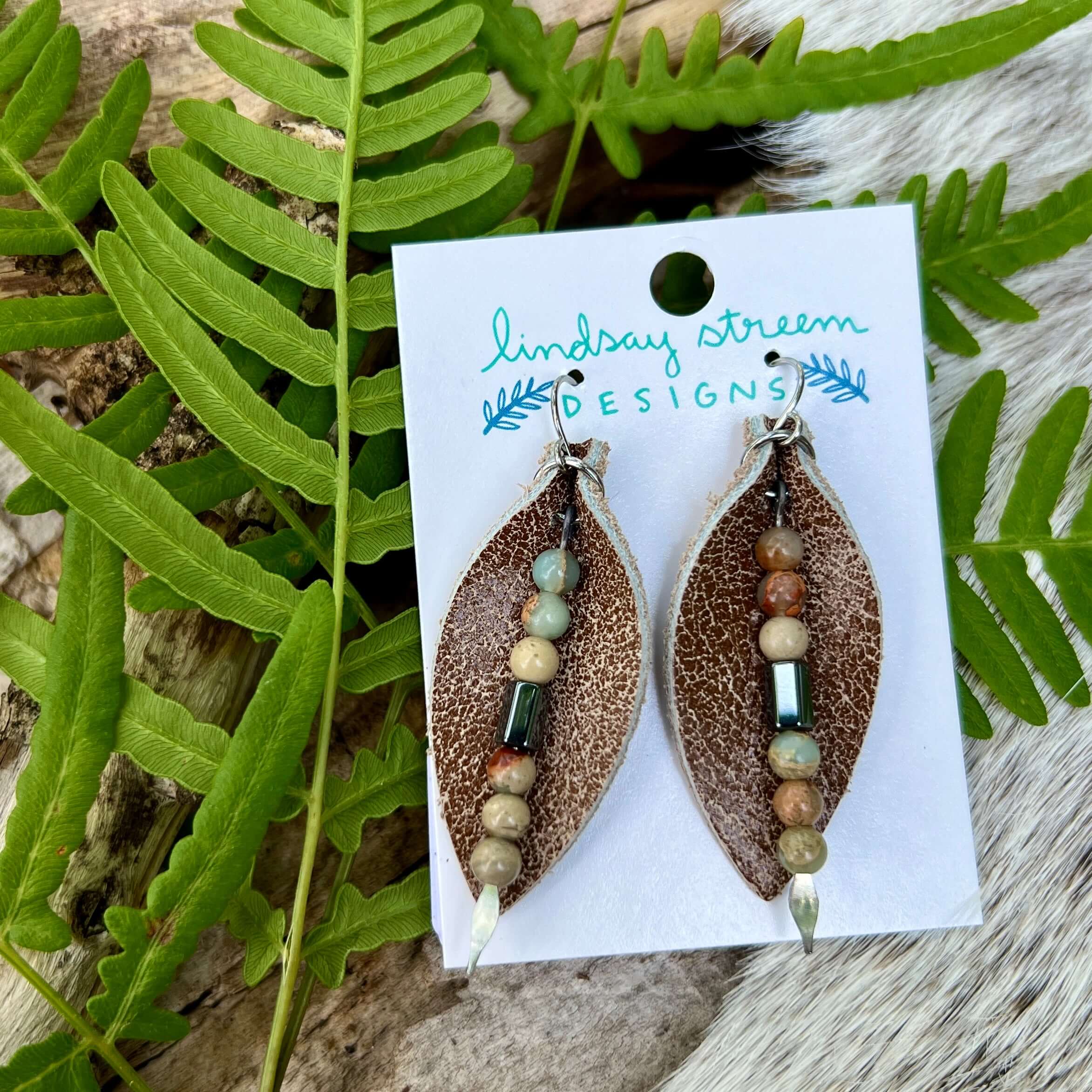Leather Petal Earrings - Brown with Aqua Terra Jasper