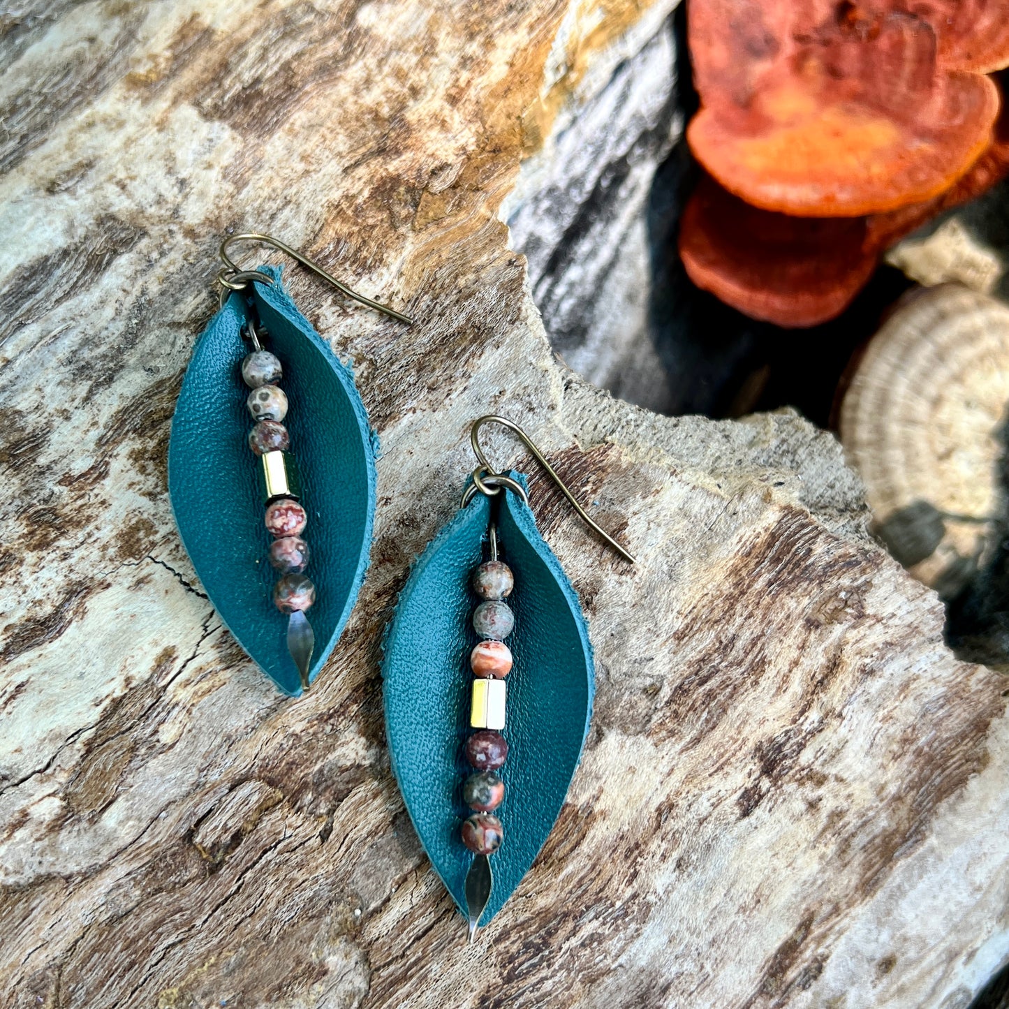 Leather Petal Earrings  - Jade Green and Jasper