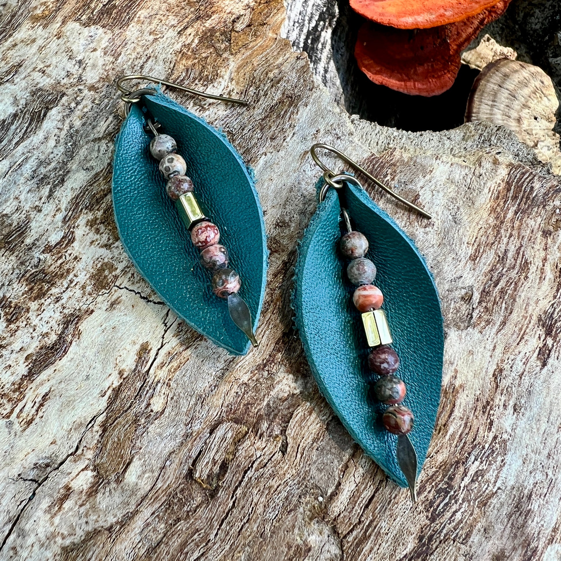 green leather earrings with leopard jasper