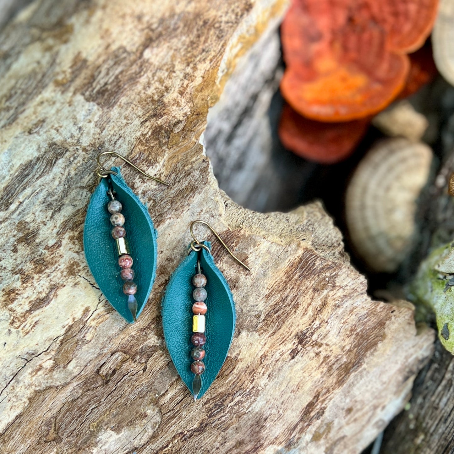 Leather Petal Earrings  - Jade Green and Jasper