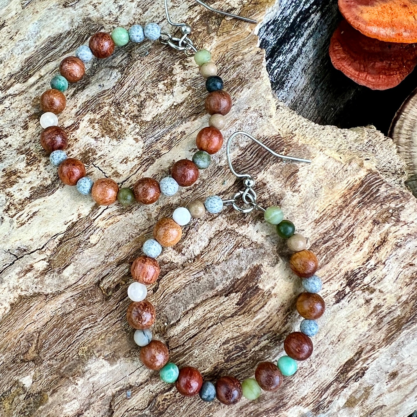 Woodland Hoop Earrings - Light Wood and Jasper