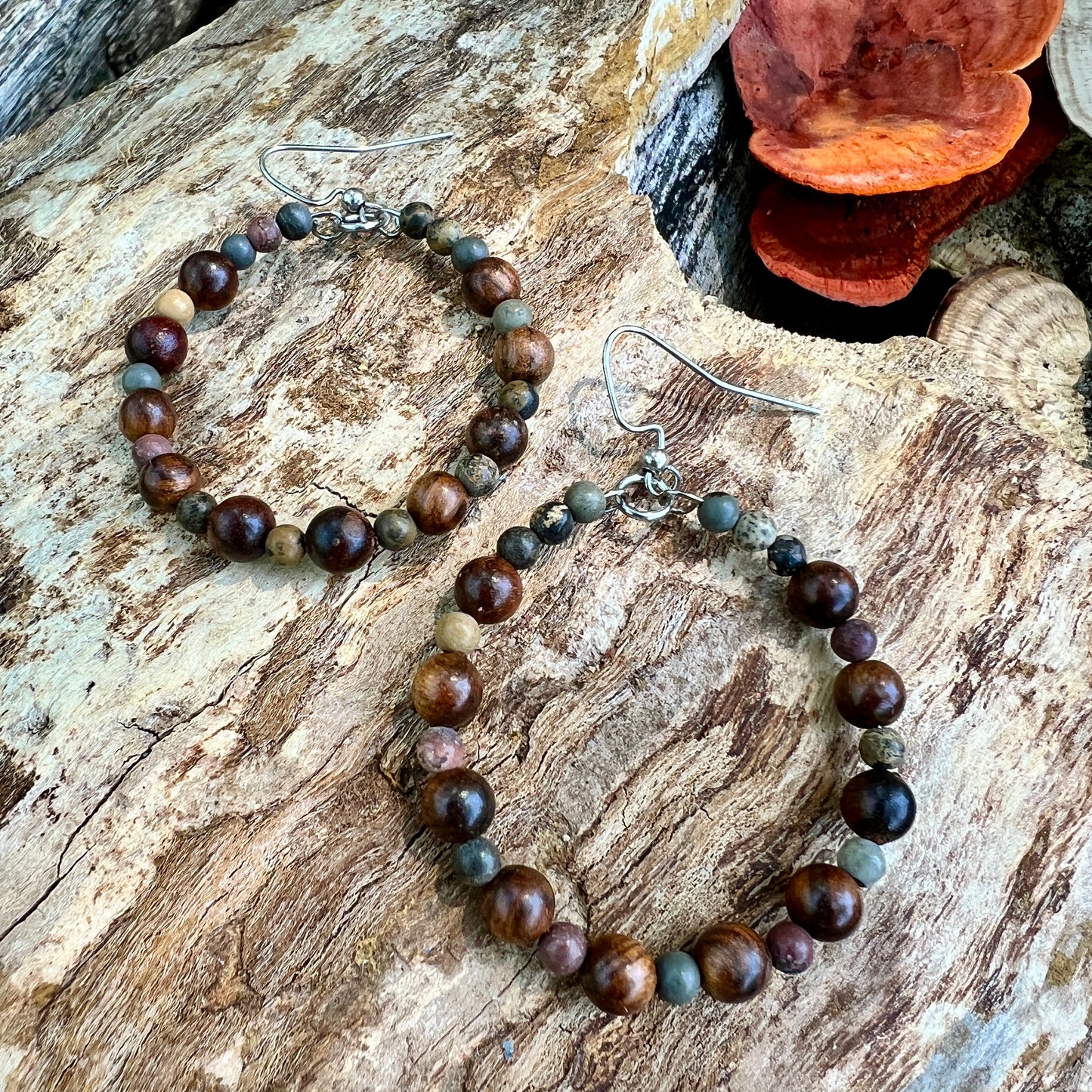 dark wood bead and jaser hoop earrings