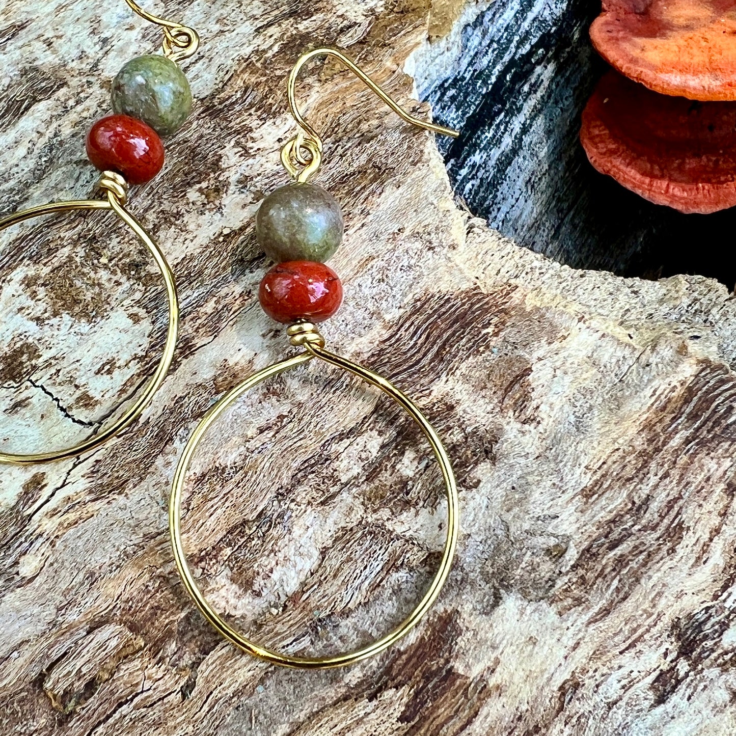 Festival Hoop Earrings - Golden with Autumn and Red Jasper