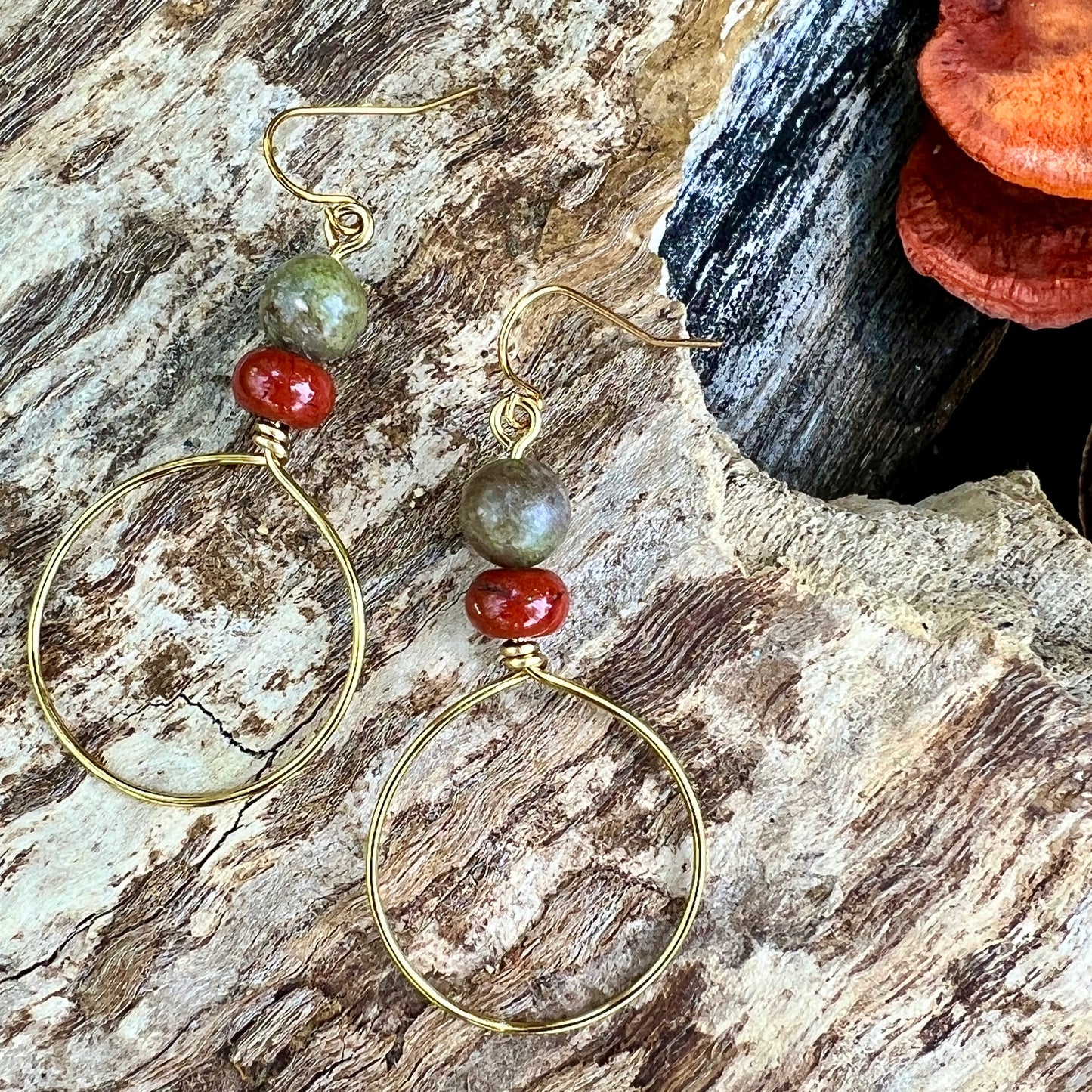 Festival Hoop Earrings - Golden with Autumn and Red Jasper