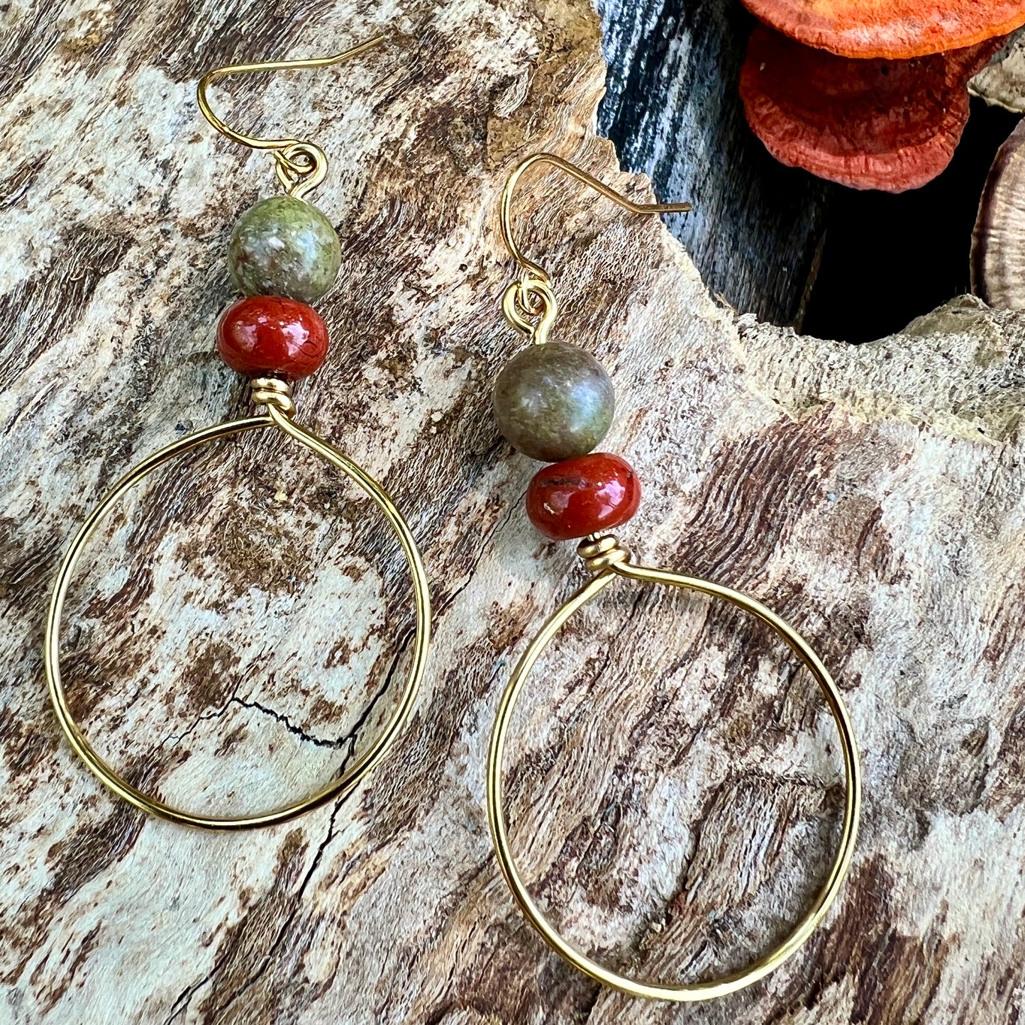 Festival Hoop Earrings - Golden with Autumn and Red Jasper