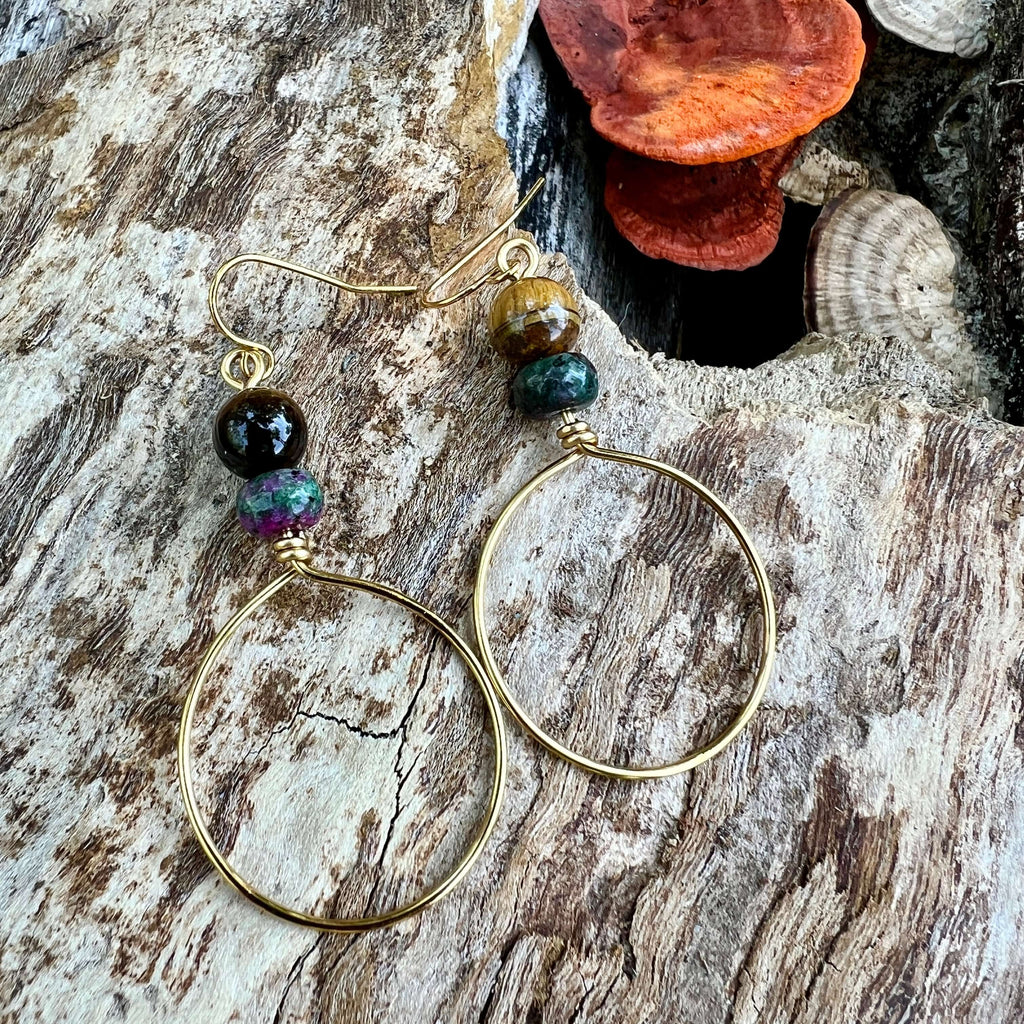 Festival Hoop Earrings - Golden with Tigereye and Ruby Zoisite