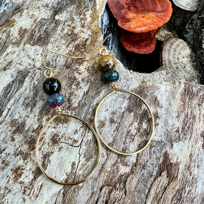 Festival Hoop Earrings - Golden with Tigereye and Ruby Zoisite