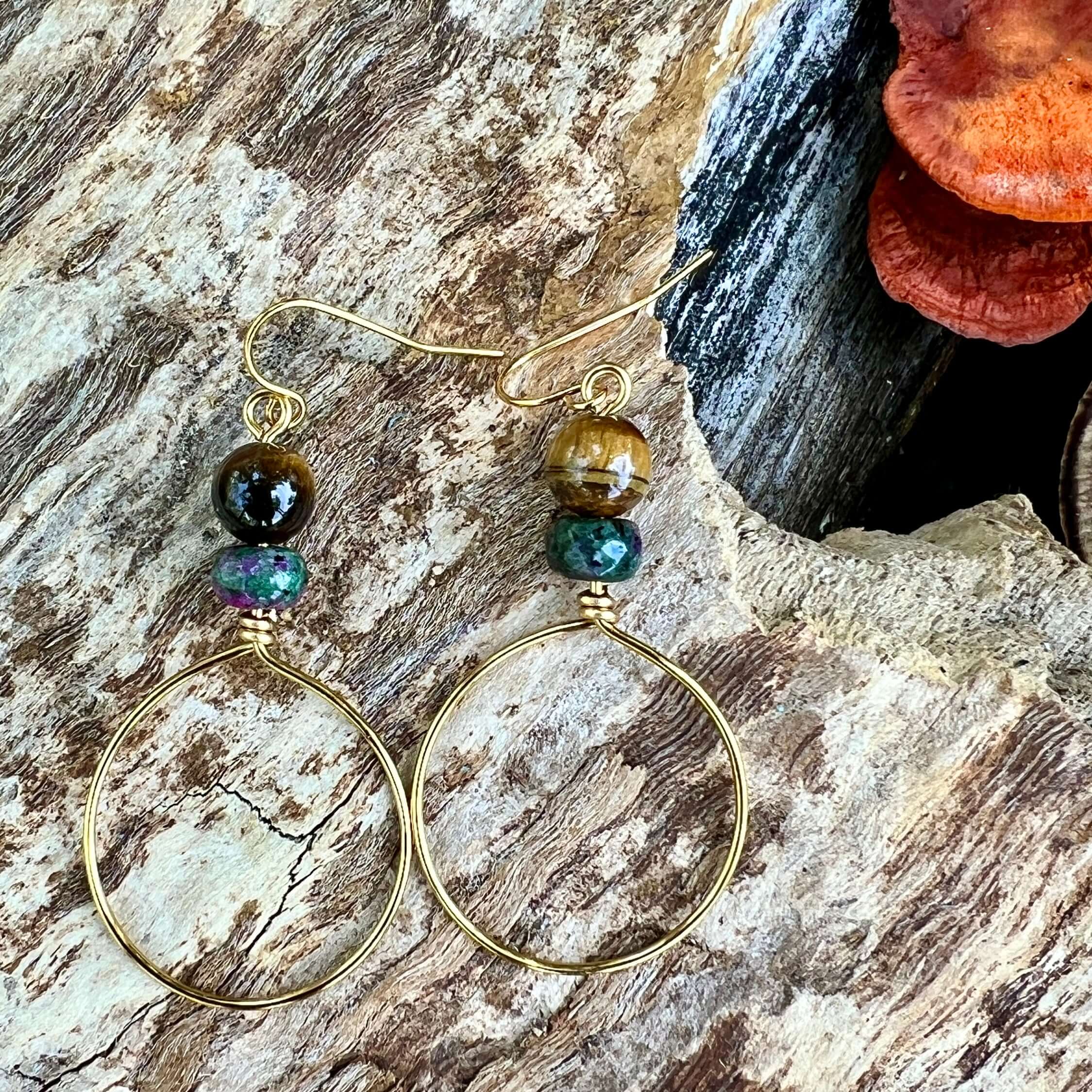 Festival Hoop Earrings - Golden with Tigereye and Ruby Zoisite