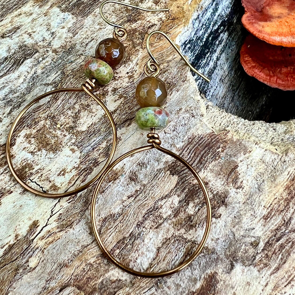 Festival Hoop Earrings - Vintage Bronze with Agate and Unakite