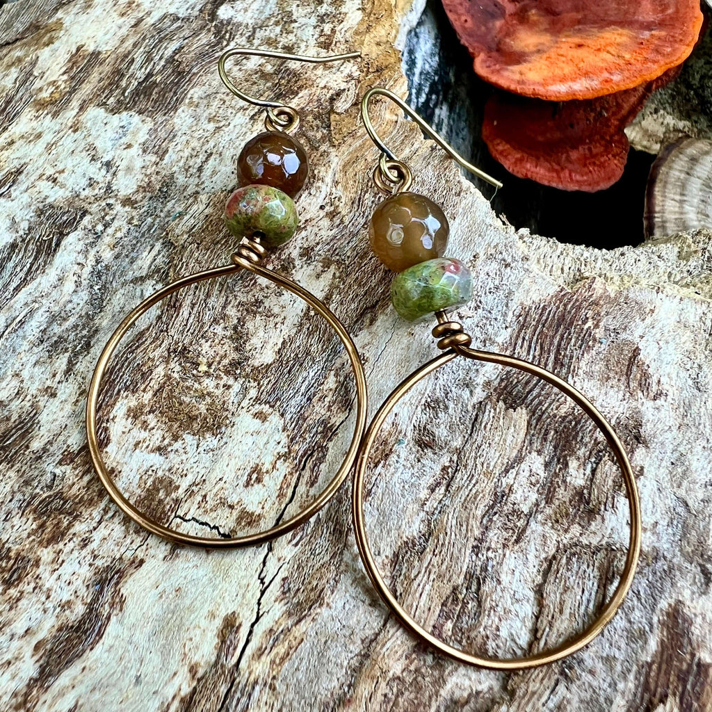 Festival Hoop Earrings - Vintage Bronze with Agate and Unakite