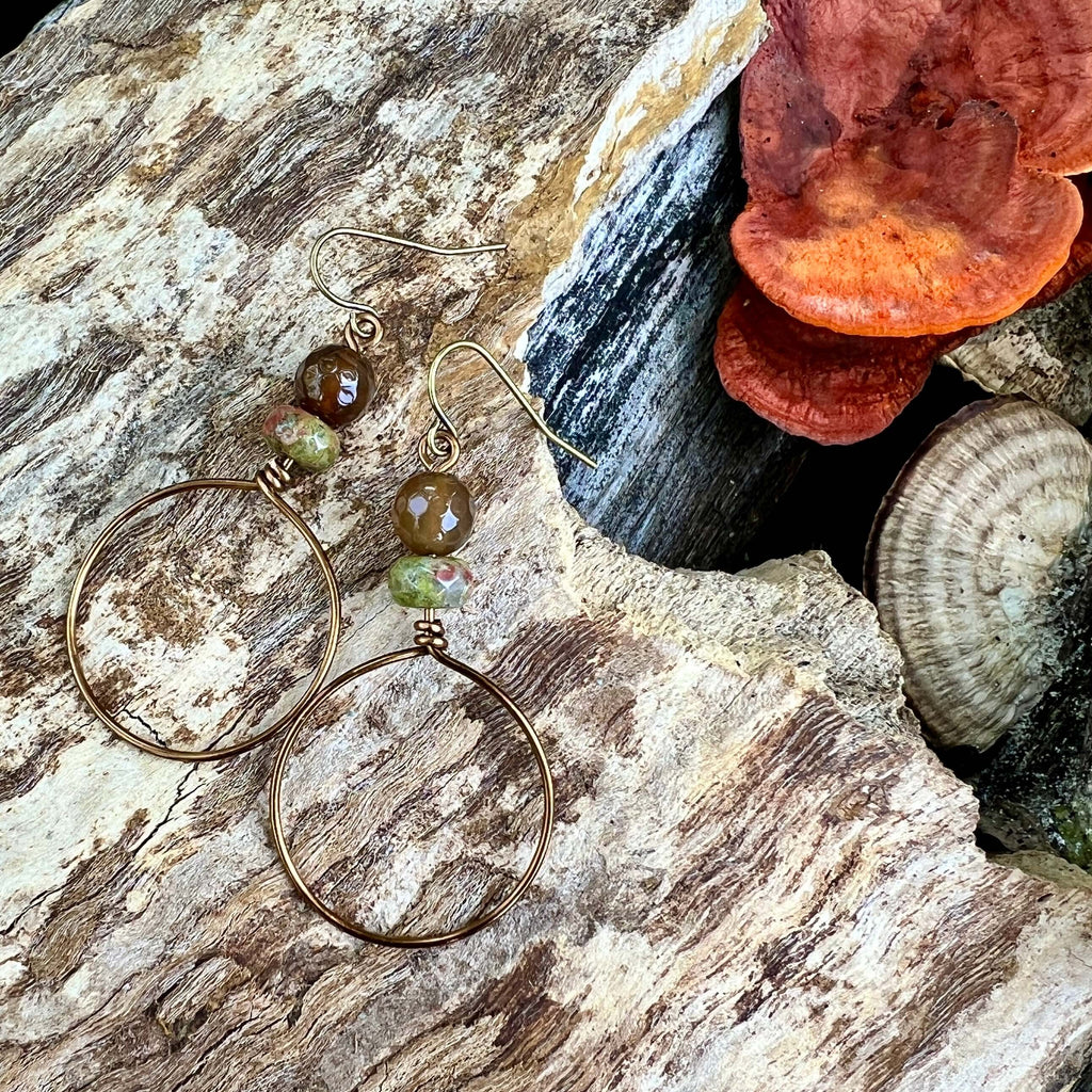 Festival Hoop Earrings - Vintage Bronze with Agate and Unakite