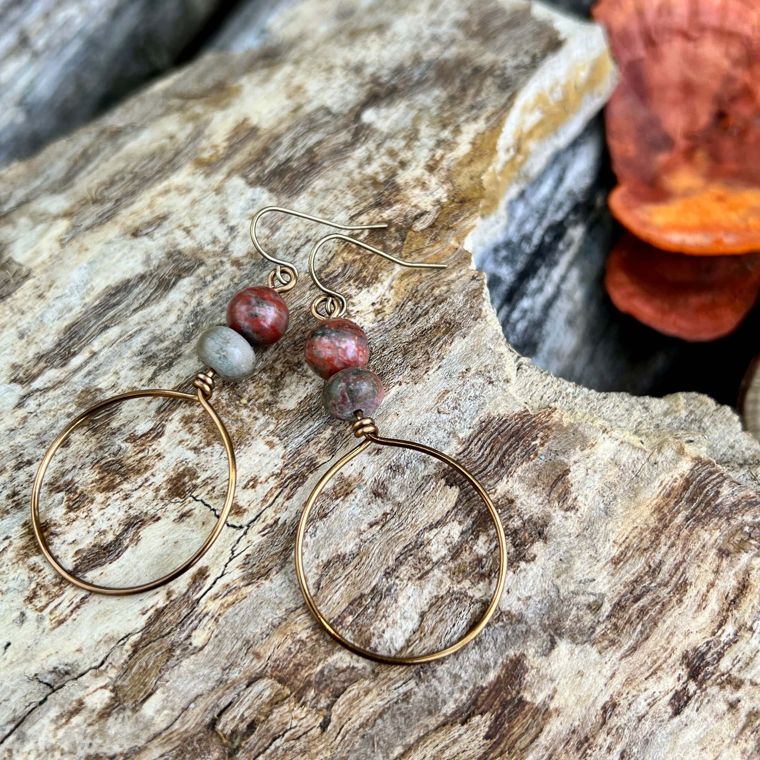 Festival Hoop Earrings - Vintage Bronze with Red Jasper
