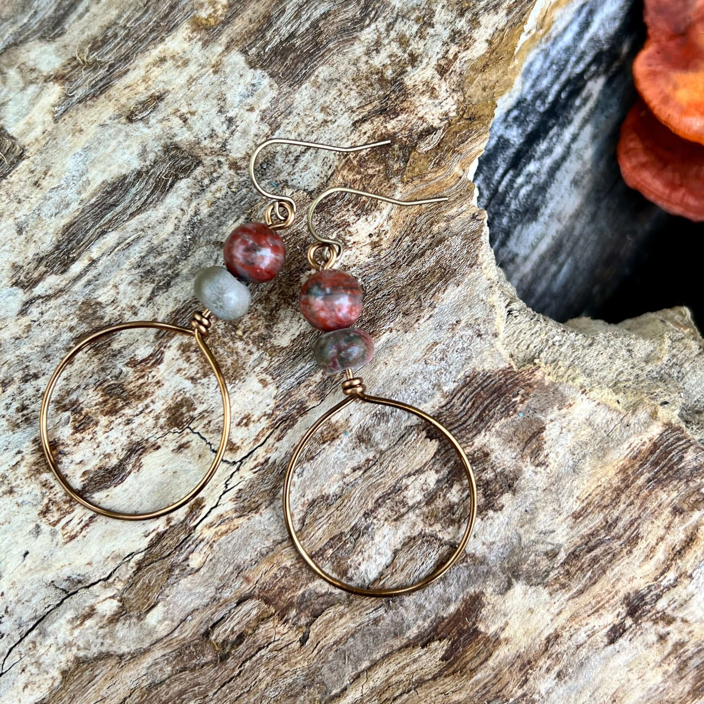 Festival Hoop Earrings - Vintage Bronze with Red Jasper
