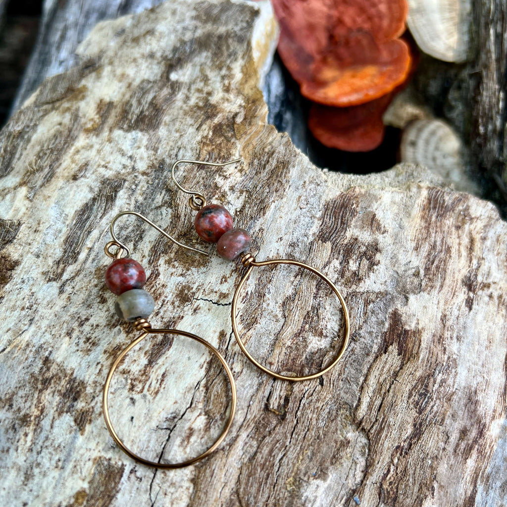 Festival Hoop Earrings - Vintage Bronze with Red Jasper