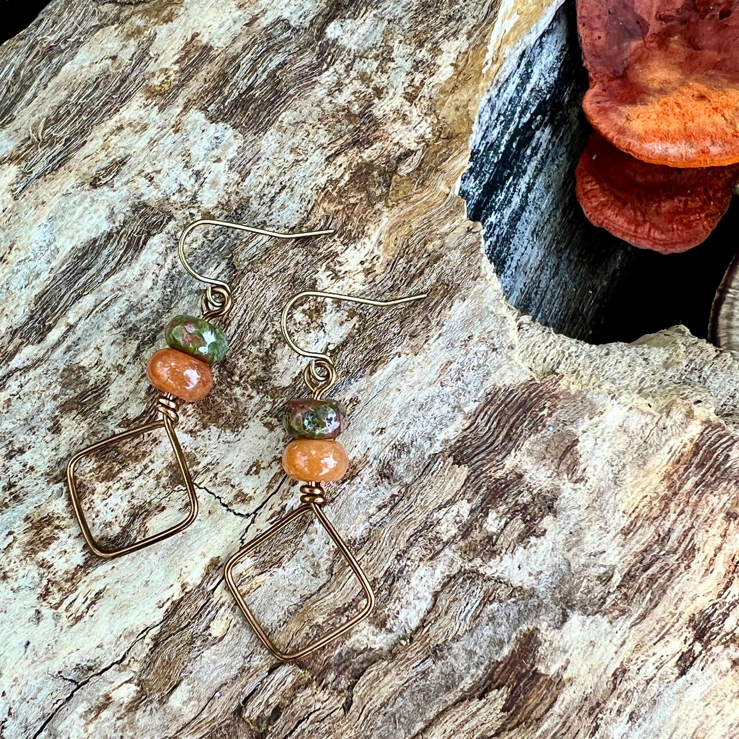 Square Hoop Earrings - Bronze with Unakite and Aventurine
