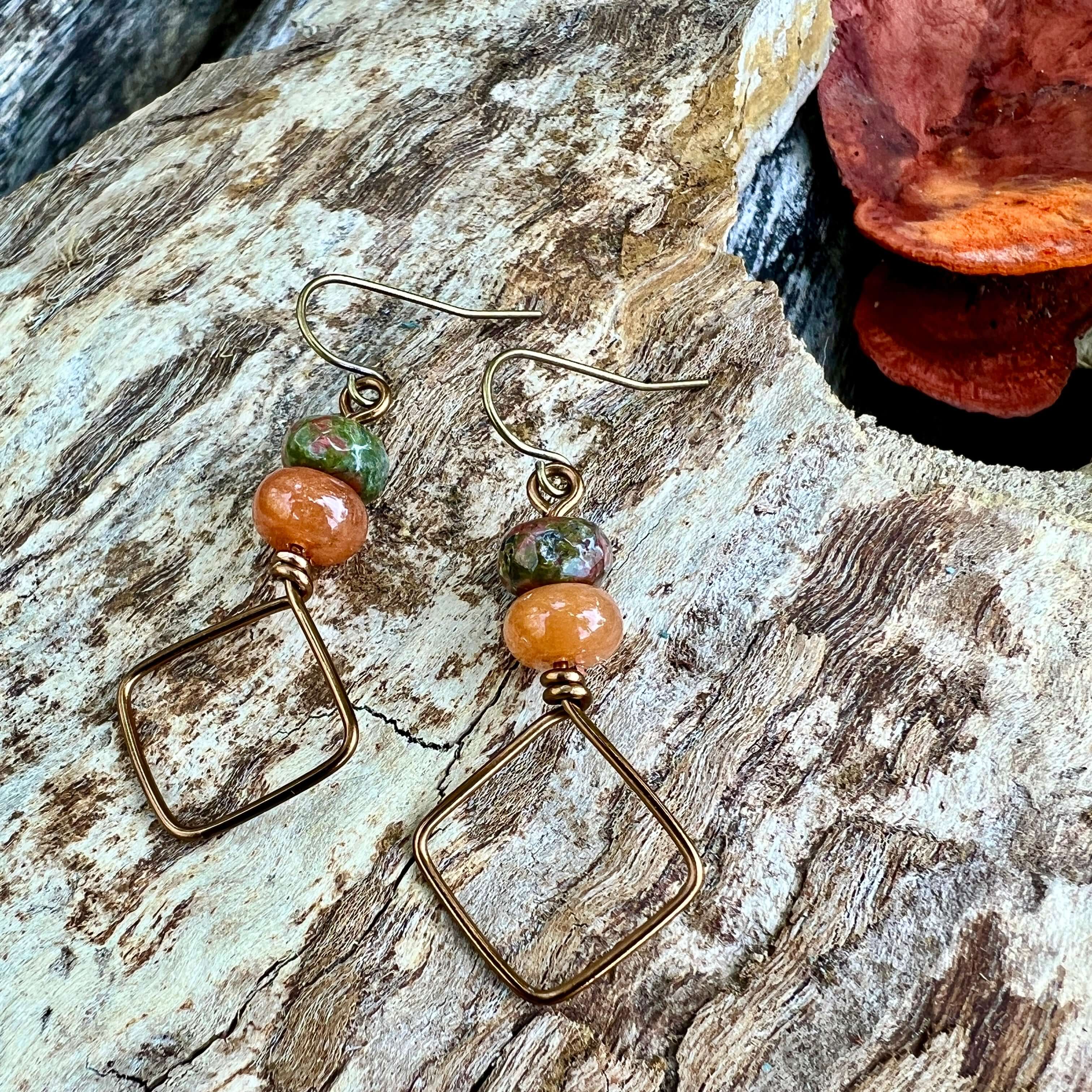 Square Hoop Earrings - Bronze with Unakite and Aventurine