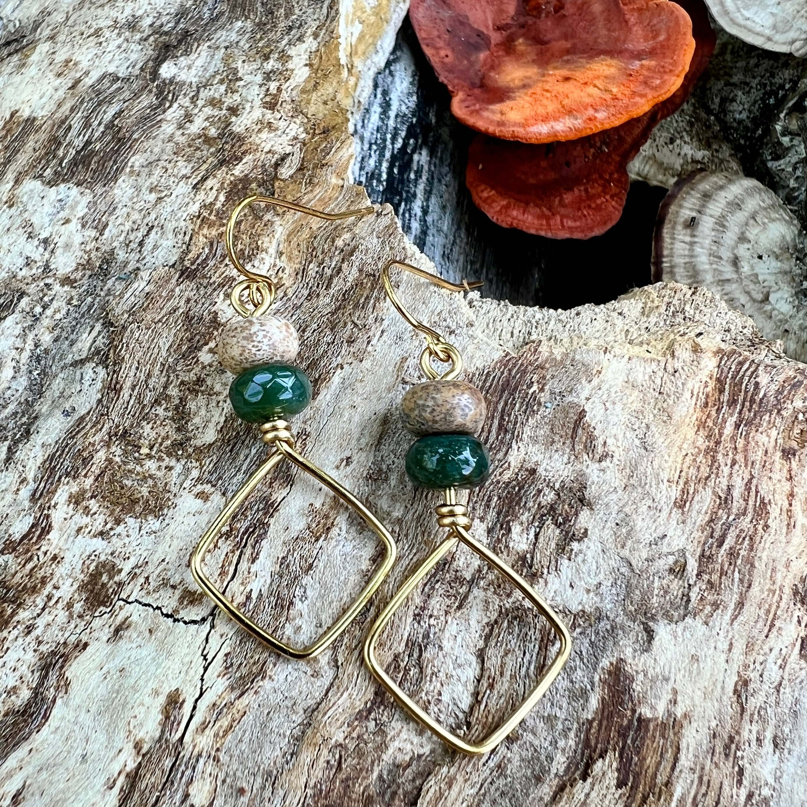 Square Hoop Earrings - Golden with Jasper