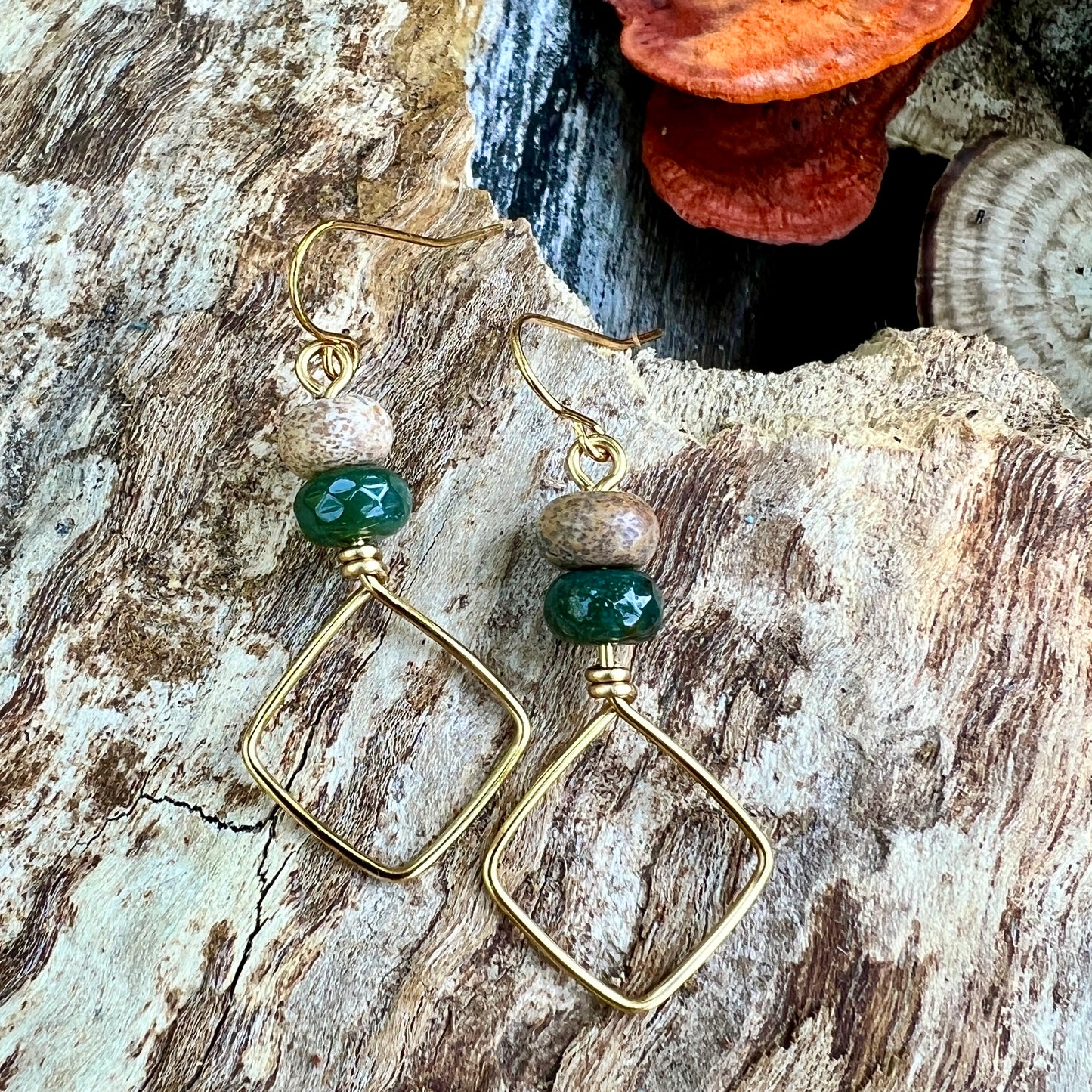 Square Hoop Earrings - Golden with Jasper